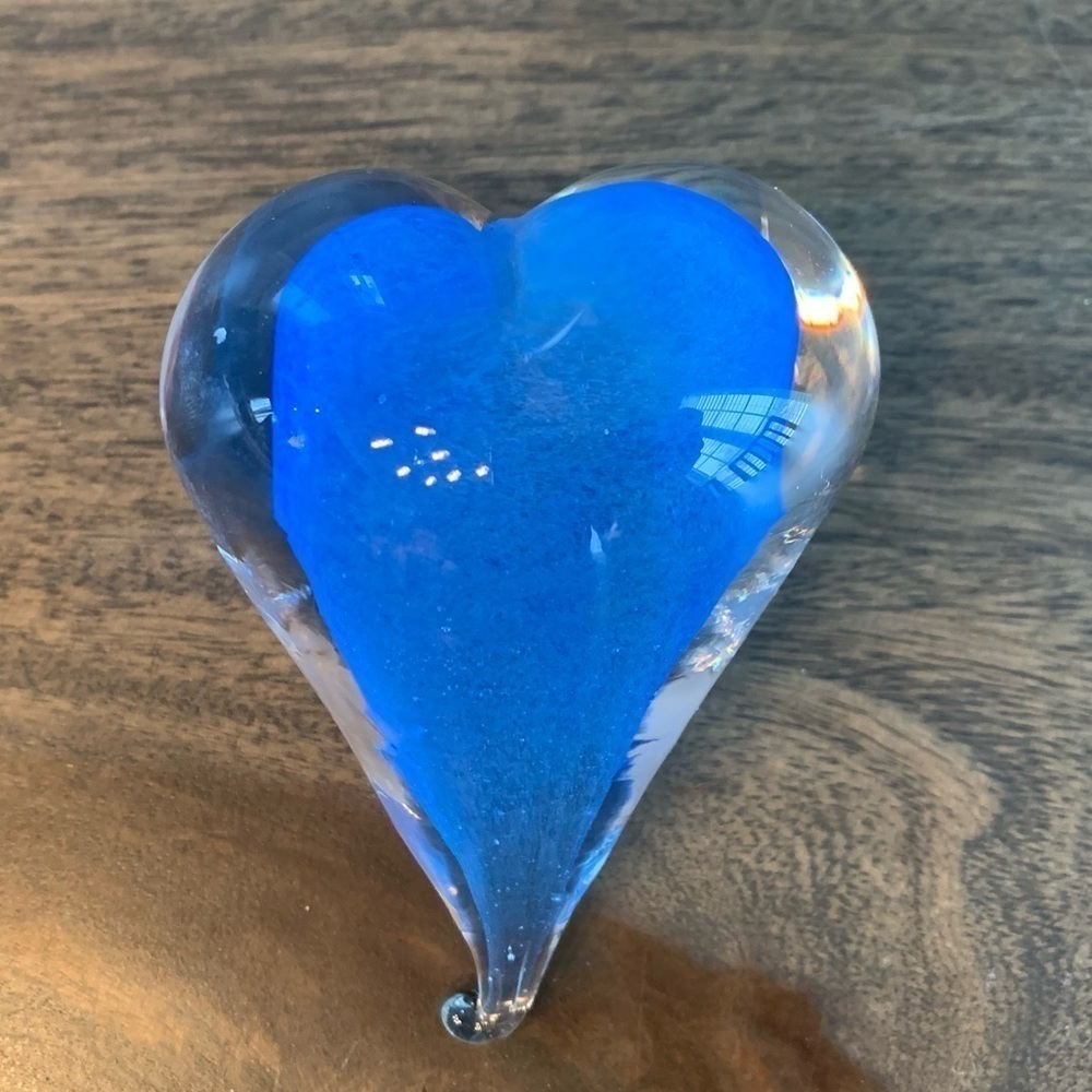 Glass Heart Shaped Paperweight Signed Annie Michaud Made Canada Blue Clear Vtg.